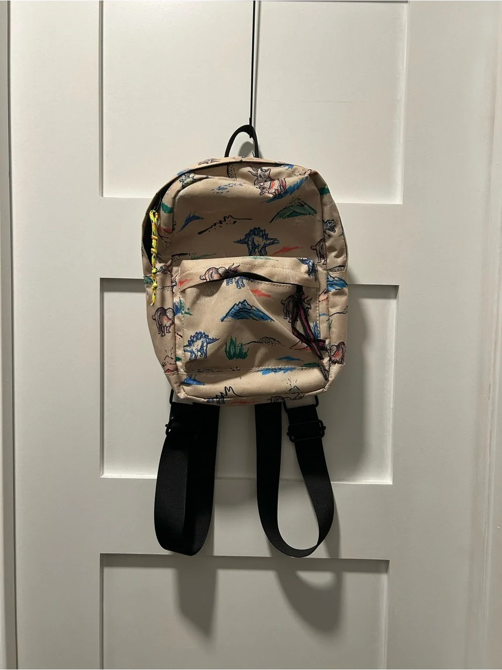 Beige Dinosaur-Print Mini Backpack with Black Straps